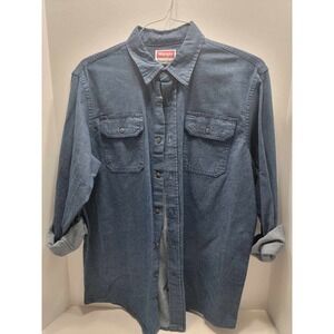 Mens Wrangler Size M Comfort Flex Blue Denim Shirt Long Sleeve Cotton Blend